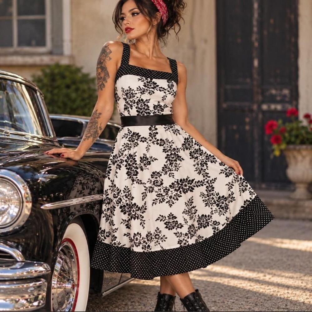 Lipstick black white floral large vintage inspired dress